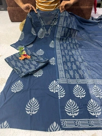 LCW 5735 New Cotton Kurti Pant Dupatta Set Beautiful Hand work Print With  Side Pocket  - Blue, 2XL-44