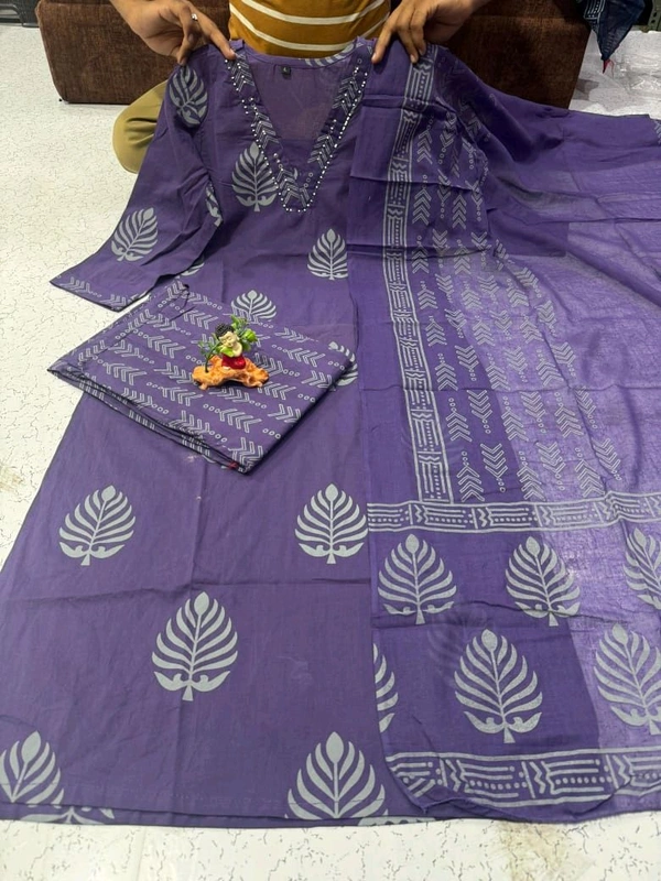 LCW 5735 New Cotton Kurti Pant Dupatta Set Beautiful Hand work Print With  Side Pocket  - Blue, 2XL-44