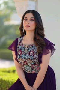 DSS 5740 PREMIUM READYMADE DESIGNER GEORGETTE  GOWN WITH BEAUTIFUL EMBROIDERY WORK  - Purple, L-40