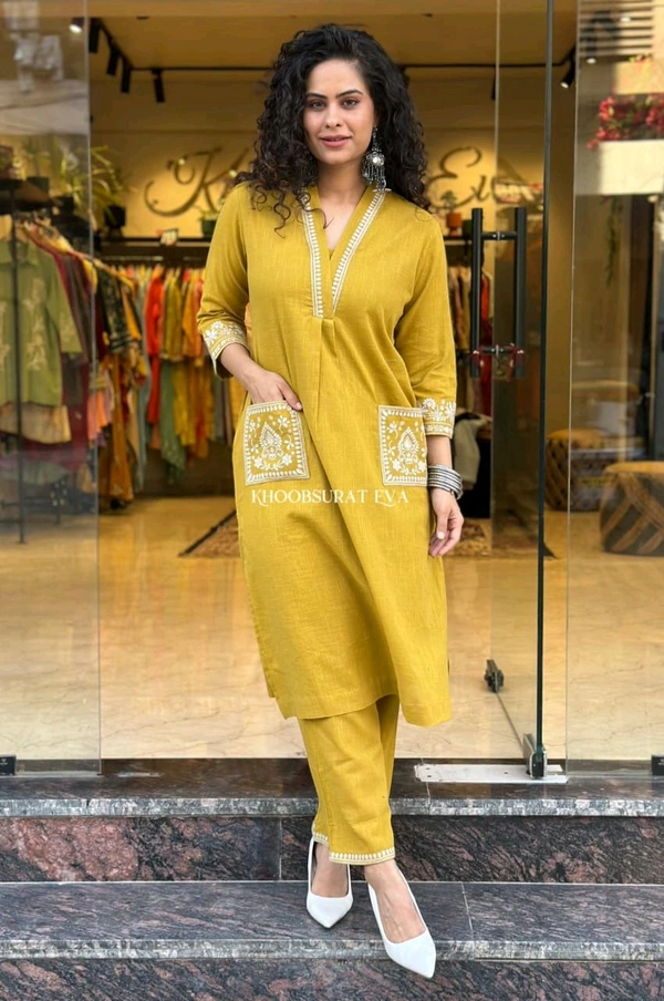 LCW 5744 New Cotton Slub Kurti Pant Set Heavy Embroidery Work With Side Pocket  - Yellow, M-38