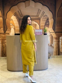 LCW 5744 New Cotton Slub Kurti Pant Set Heavy Embroidery Work With Side Pocket  - Yellow, M-38