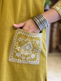 LCW 5744 New Cotton Slub Kurti Pant Set Heavy Embroidery Work With Side Pocket  - Yellow, M-38