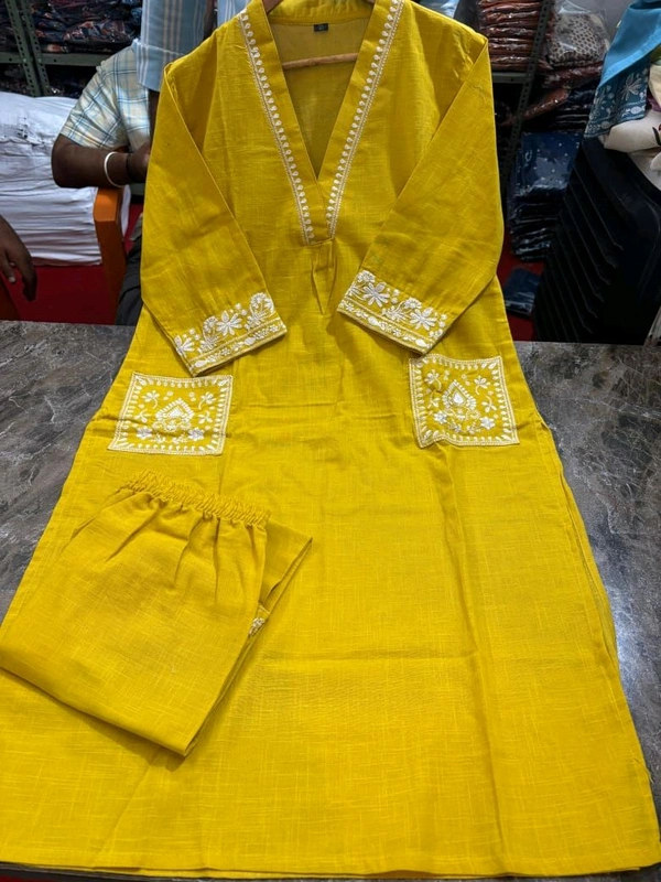 LCW 5744 New Cotton Slub Kurti Pant Set Heavy Embroidery Work With Side Pocket  - Yellow, M-38