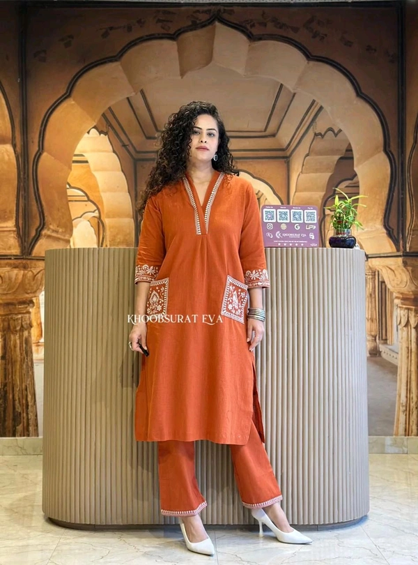 LCW 5744 New Cotton Slub Kurti Pant Set Heavy Embroidery Work With Side Pocket  - Orange, L-40