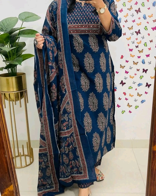 LCW 5747 New Heavy Cotton Kurti With Pant Dupatta Sequence Work  - Blue, L-40