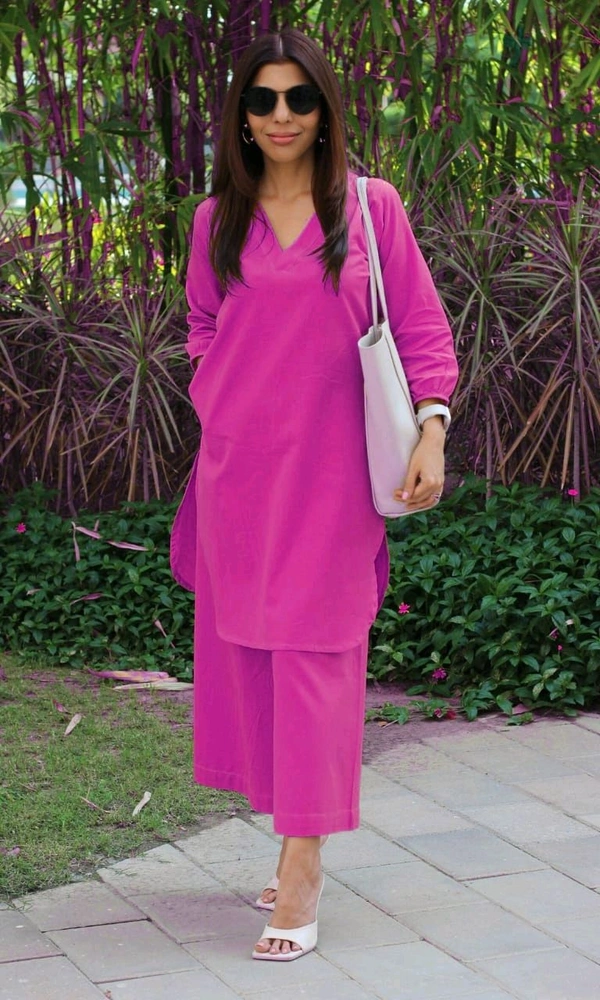 LCW 5761 *New Very Classy Look Cotton Slub Kurti Pant Set  - pink, S-36