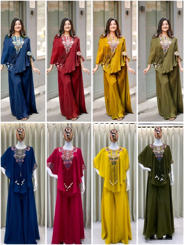 DSS 5764 *NEW TRENDY THREE PIECE INDO WESTERN WITH SEQUENCE EMBROIDERED WORK AIR TEX CHINON PLAZZO  SET  - Red, 2XL-44