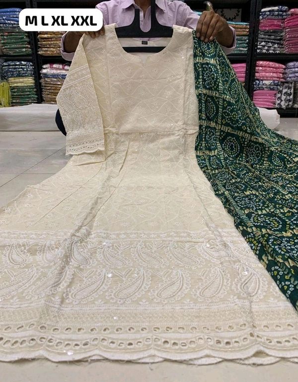 DSS 5765 NEW BEAUTIFUL COTTON  ANARKALI CHIKAN SEQVENS  GOWN WITH DUPATTA - dark green, XL-42