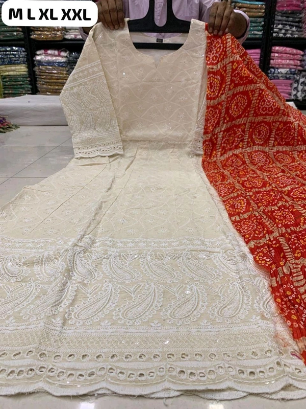 DSS 5765 NEW BEAUTIFUL COTTON  ANARKALI CHIKAN SEQVENS  GOWN WITH DUPATTA - Red, XL-42