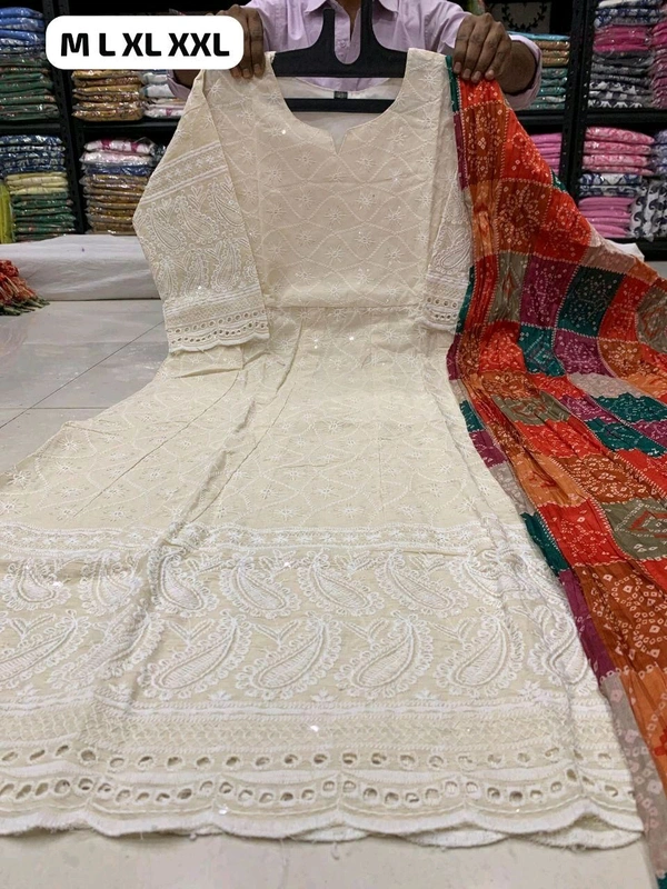 DSS 5765 NEW BEAUTIFUL COTTON  ANARKALI CHIKAN SEQVENS  GOWN WITH DUPATTA - Red Orange, L-40