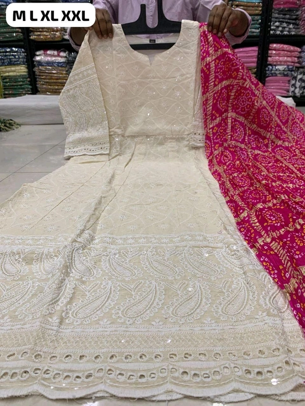 DSS 5765 NEW BEAUTIFUL COTTON  ANARKALI CHIKAN SEQVENS  GOWN WITH DUPATTA - rani pink, L-40