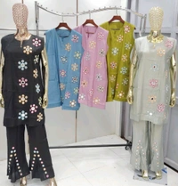 KD18  5769 *COTTON VATIGAN FABRIC MULTI HAND WORK  CORD SET - Green, 2XL-44