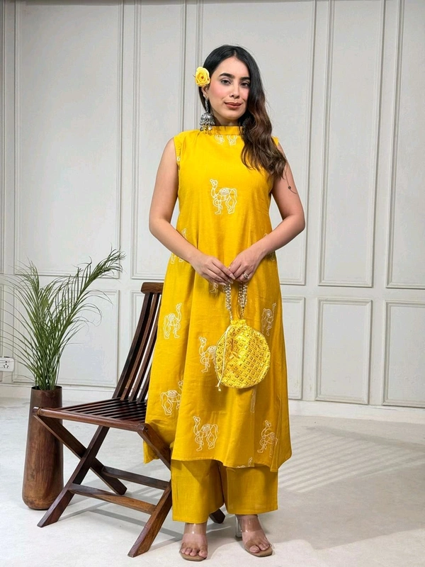 DSS 5770 New launched Aline plazo set Heavy vetican With camel thread work  - Yellow, L-40