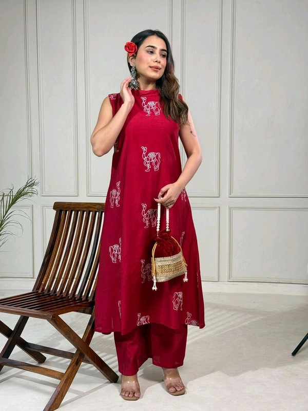 DSS 5770 New launched Aline plazo set Heavy vetican With camel thread work  - Red, L-40