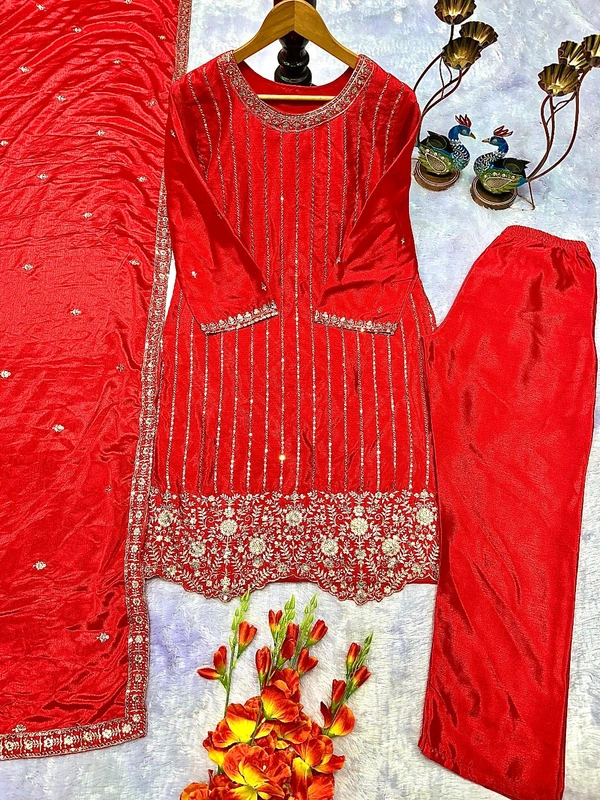 DSS 5773 NEW ĐĚSIGNER PARTY WEAR CHINON SILK TOP AND PANT PLAZZO. FANCY DUPPATA EMBROIDERY WORK - M-38