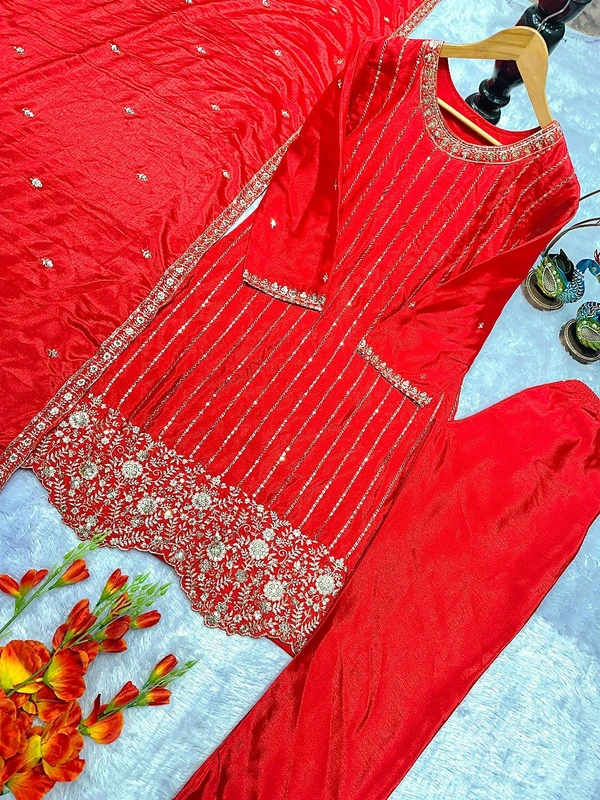 DSS 5773 NEW ĐĚSIGNER PARTY WEAR CHINON SILK TOP AND PANT PLAZZO. FANCY DUPPATA EMBROIDERY WORK - L-40