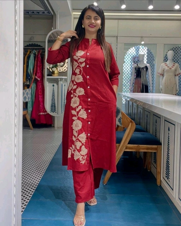 DSS 5778 NEW DESIGN LAUNCH COTTON  CO-ORD SET WITH EMBROIDERY WORK  - Red, XL-42