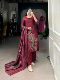 DSS 5781 New Collection Roman Silk Total Print BeetsHandwork kurta Pant Dupatta Set  - Maroon, L-40