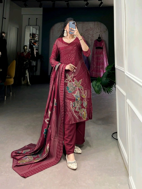 DSS 5781 New Collection Roman Silk Total Print BeetsHandwork kurta Pant Dupatta Set  - Maroon, L-40