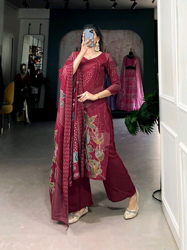DSS 5781 New Collection Roman Silk Total Print BeetsHandwork kurta Pant Dupatta Set  - Maroon, XL-42