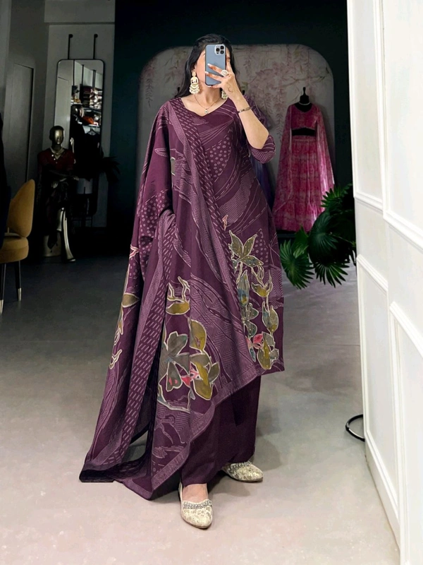 DSS 5781 New Collection Roman Silk Total Print BeetsHandwork kurta Pant Dupatta Set  - Purple, M-38