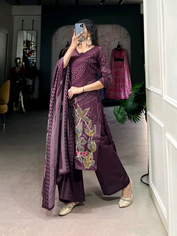 DSS 5781 New Collection Roman Silk Total Print BeetsHandwork kurta Pant Dupatta Set  - Purple, M-38