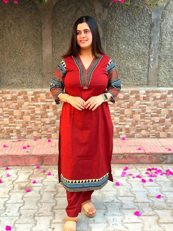 LCW 5784 New Beautiful Pure Cotton Kurti With Pant
 - Red, XL-42