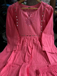 LCW 5785 Pure Fine Heavy Cotton Kurti Pant Set With Embroidery Work  - red Watermelon, M-38