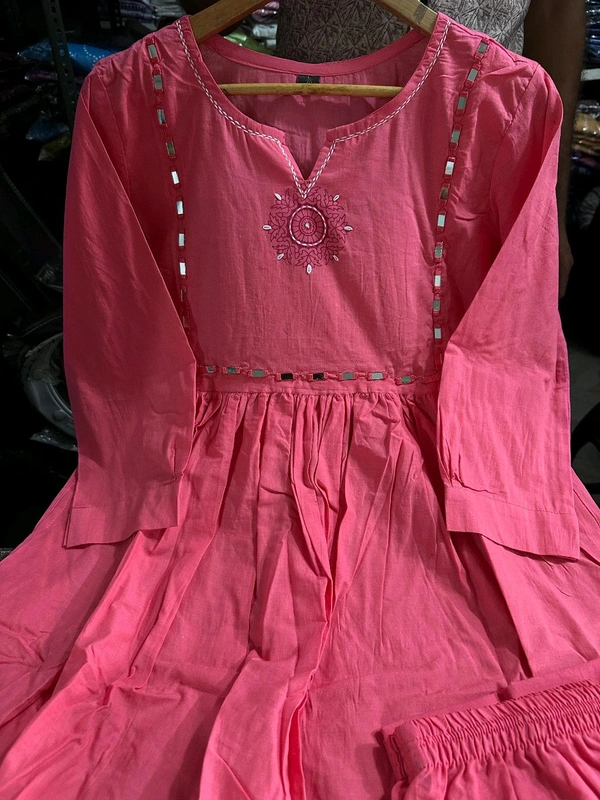 LCW 5785 Pure Fine Heavy Cotton Kurti Pant Set With Embroidery Work  - red Watermelon, M-38