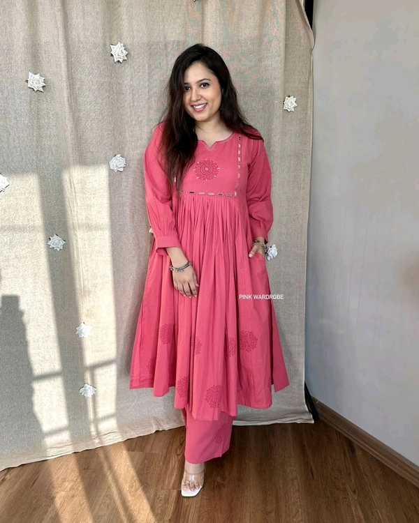 LCW 5785 Pure Fine Heavy Cotton Kurti Pant Set With Embroidery Work  - red Watermelon, XL-42