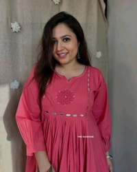 LCW 5785 Pure Fine Heavy Cotton Kurti Pant Set With Embroidery Work  - red Watermelon, 2XL-44