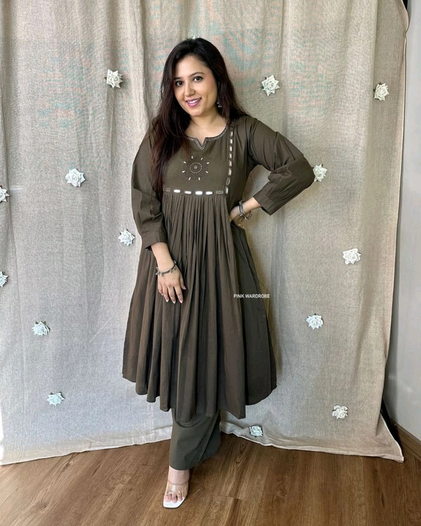 LCW 5785 Pure Fine Heavy Cotton Kurti Pant Set With Embroidery Work  - Black, XL-42