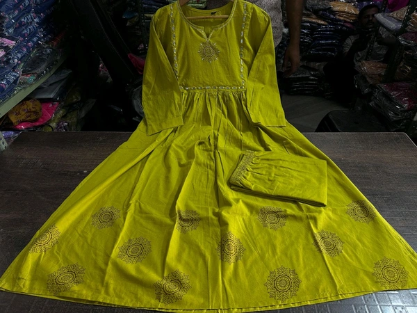 LCW 5785 Pure Fine Heavy Cotton Kurti Pant Set With Embroidery Work  - Yellow, L-40