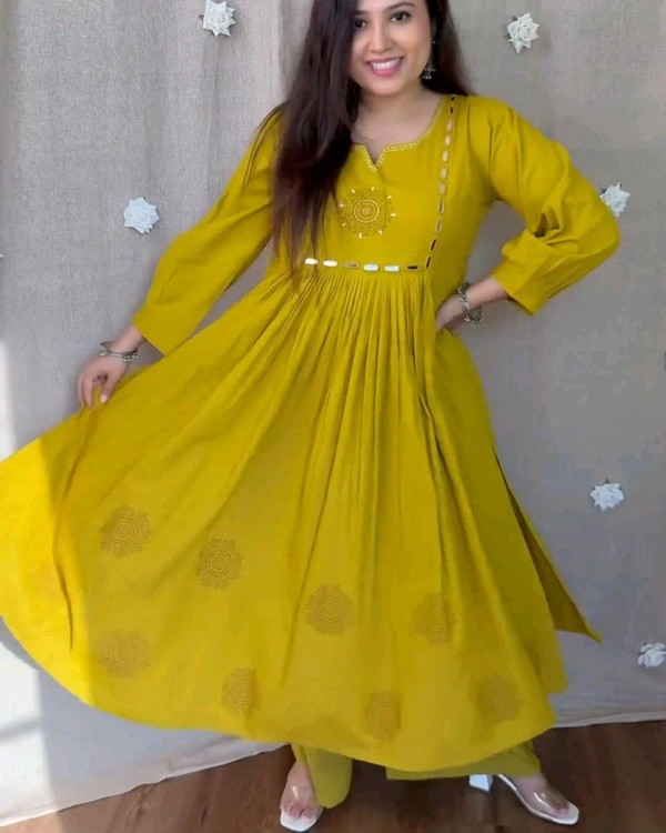 LCW 5785 Pure Fine Heavy Cotton Kurti Pant Set With Embroidery Work  - Yellow, 3XL-46