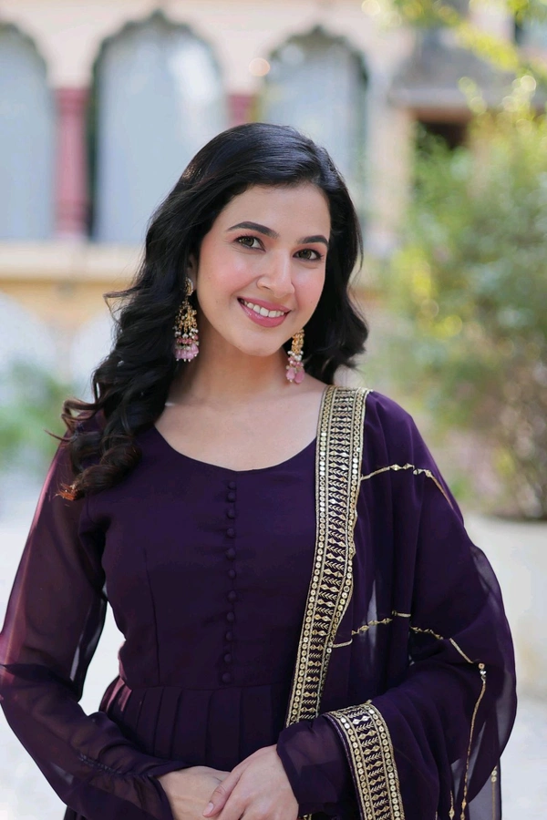 DSS 5789 New Faux Blooming Georgette Gown With Dupatta With Embroidery Work  - Purple, L-40