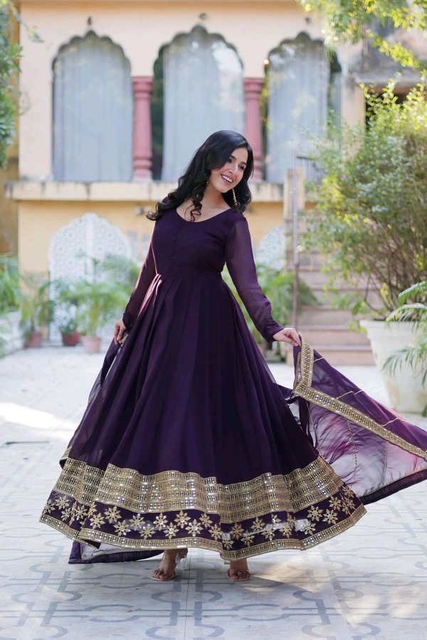 DSS 5789 New Faux Blooming Georgette Gown With Dupatta With Embroidery Work  - Purple, L-40