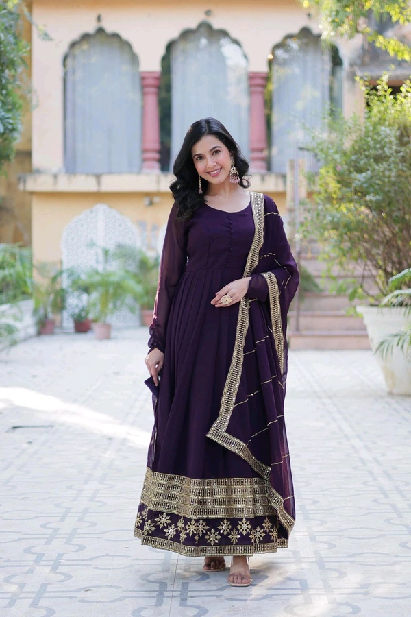 DSS 5789 New Faux Blooming Georgette Gown With Dupatta With Embroidery Work  - Purple, XL-42