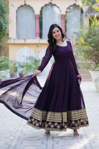 DSS 5789 New Faux Blooming Georgette Gown With Dupatta With Embroidery Work  - Purple, XL-42