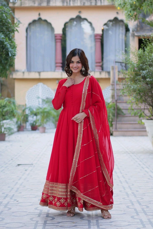 DSS 5789 New Faux Blooming Georgette Gown With Dupatta With Embroidery Work  - Red, XL-42