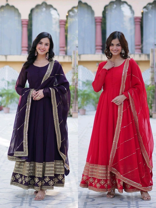 DSS 5789 New Faux Blooming Georgette Gown With Dupatta With Embroidery Work  - Red, XL-42