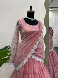 DSS 6474 New Quality Ready To Wear Organza Lehnga Saree  ruffle style with Drep and thread 
 - 2XL-44