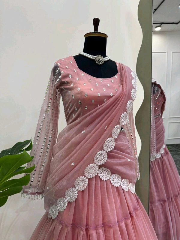 DSS 6474 New Quality Ready To Wear Organza Lehnga Saree  ruffle style with Drep and thread 
 - 2XL-44