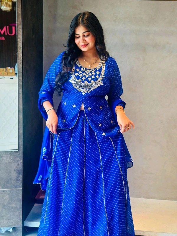 DSS 5792  New Party Look Heavy  Georgette  Top , Lehengha With Dupatta Embroidery Work With Border Lace - Blue, 2XL-44