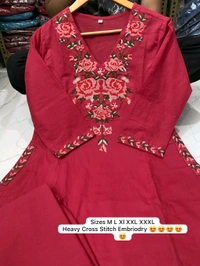 LCW 5793 New Pure Cotton Kurti Pant Set Cross Stitch Heavy Embriodery Both side pocket in kurti with embroidery  - Red, M-38