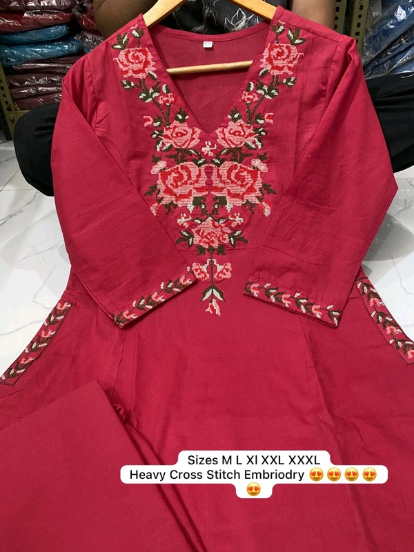LCW 5793 New Pure Cotton Kurti Pant Set Cross Stitch Heavy Embriodery Both side pocket in kurti with embroidery  - Red, L-40