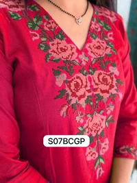 LCW 5793 New Pure Cotton Kurti Pant Set Cross Stitch Heavy Embriodery Both side pocket in kurti with embroidery  - Red, XL-42