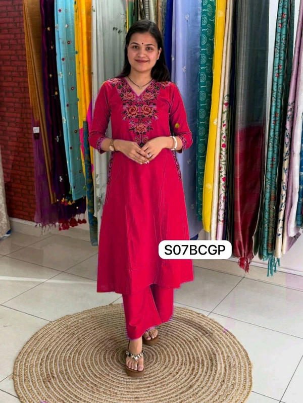 LCW 5793 New Pure Cotton Kurti Pant Set Cross Stitch Heavy Embriodery Both side pocket in kurti with embroidery  - Red, 2XL-44