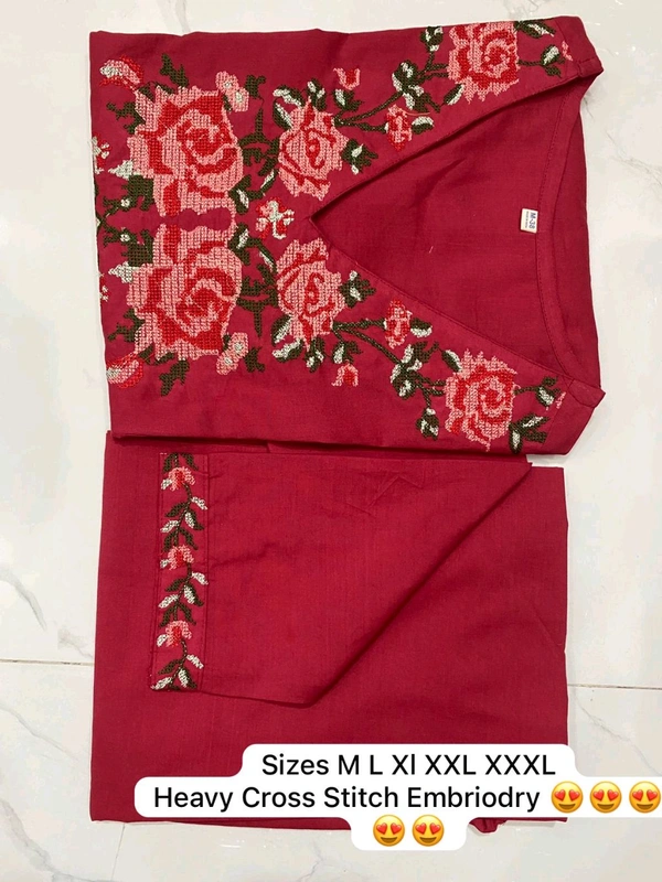 LCW 5793 New Pure Cotton Kurti Pant Set Cross Stitch Heavy Embriodery Both side pocket in kurti with embroidery  - Red, 3XL-46