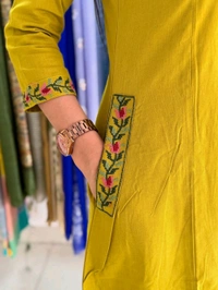 LCW 5793 New Pure Cotton Kurti Pant Set Cross Stitch Heavy Embriodery Both side pocket in kurti with embroidery  - Yellow, M-38