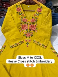 LCW 5793 New Pure Cotton Kurti Pant Set Cross Stitch Heavy Embriodery Both side pocket in kurti with embroidery  - Yellow, XL-42